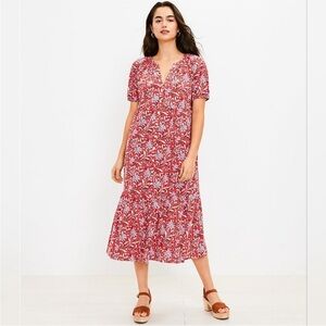 LOFT Red and White Floral Tiered Ruffled Midi Dress with V-Neck